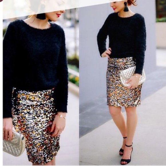 Sz XS H&M Copper & Silver Sparkly Sequin Stretch Pencil Skirt - Picture 2 of 13